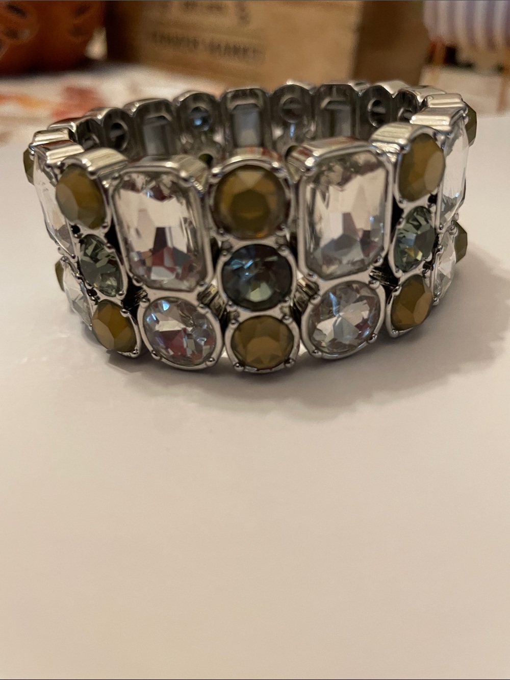 Lia Sophia Silver-Tone Stretch Bracelet with Olive and Clear Crystals